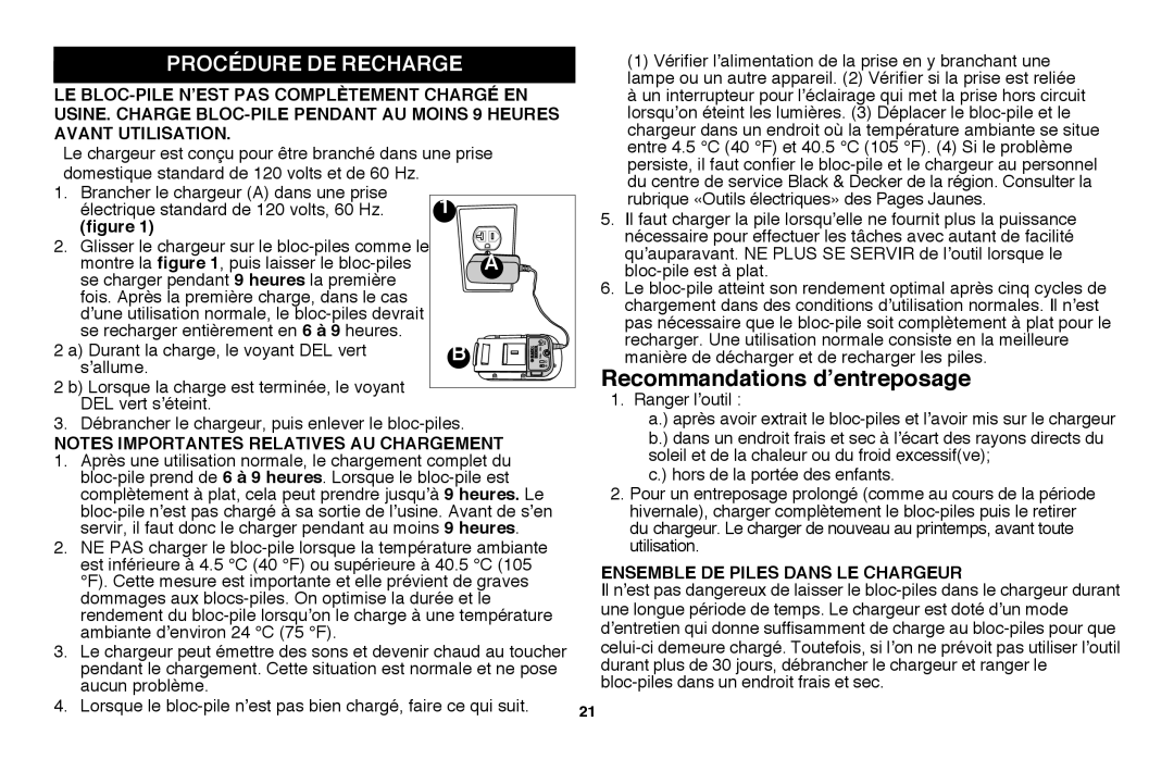 Black & Decker NHT2218 instruction manual Recommandations d’entreposage, Procédure de recharge 
