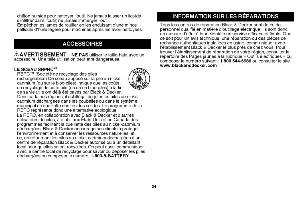 Black & Decker NHT2218 instruction manual Accessoires, Information sur les réparations, Le sceau SRPRCMC 