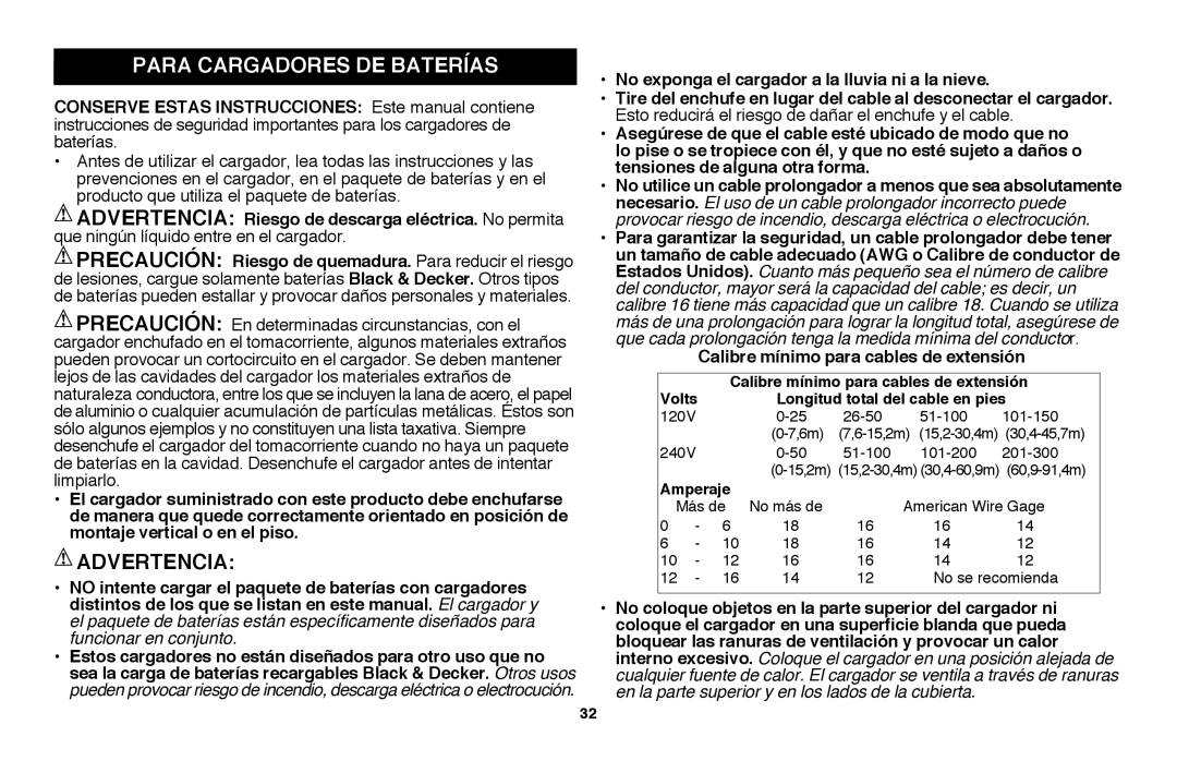 Black & Decker NHT2218 instruction manual Para Cargadores De Baterías, Advertencia 