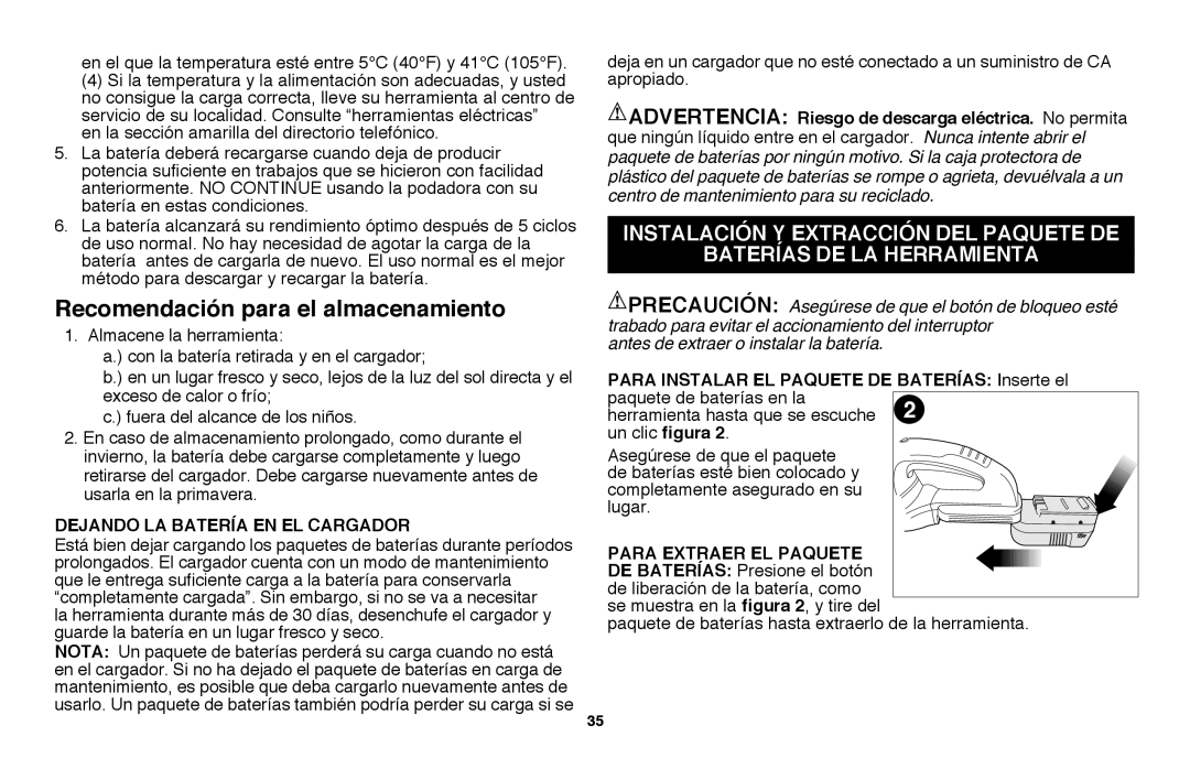 Black & Decker NHT2218 instruction manual Recomendación para el almacenamiento, Instalación y extracción del paquete de 