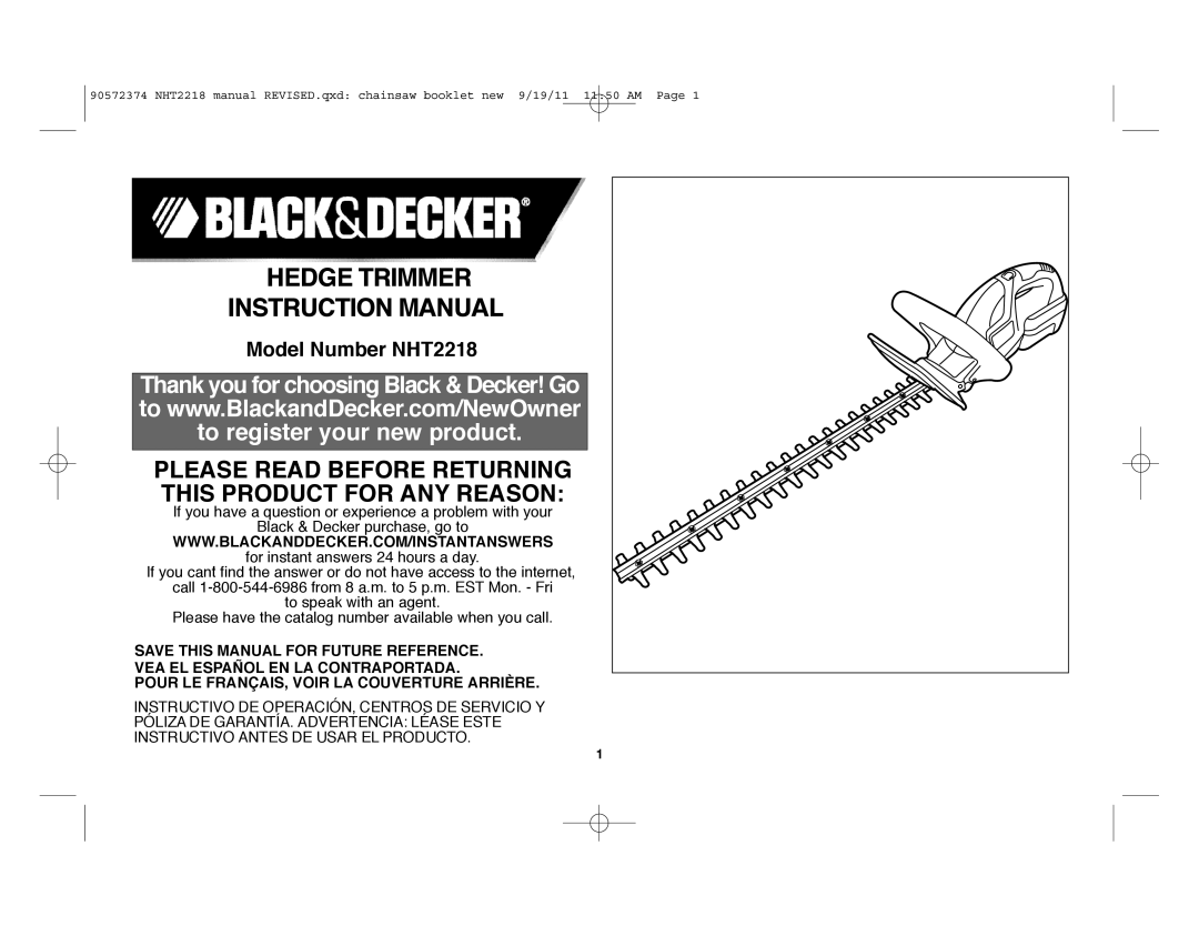 Black & Decker instruction manual Model Number NHT2218, Please Read Before Returning This Product For Any Reason 