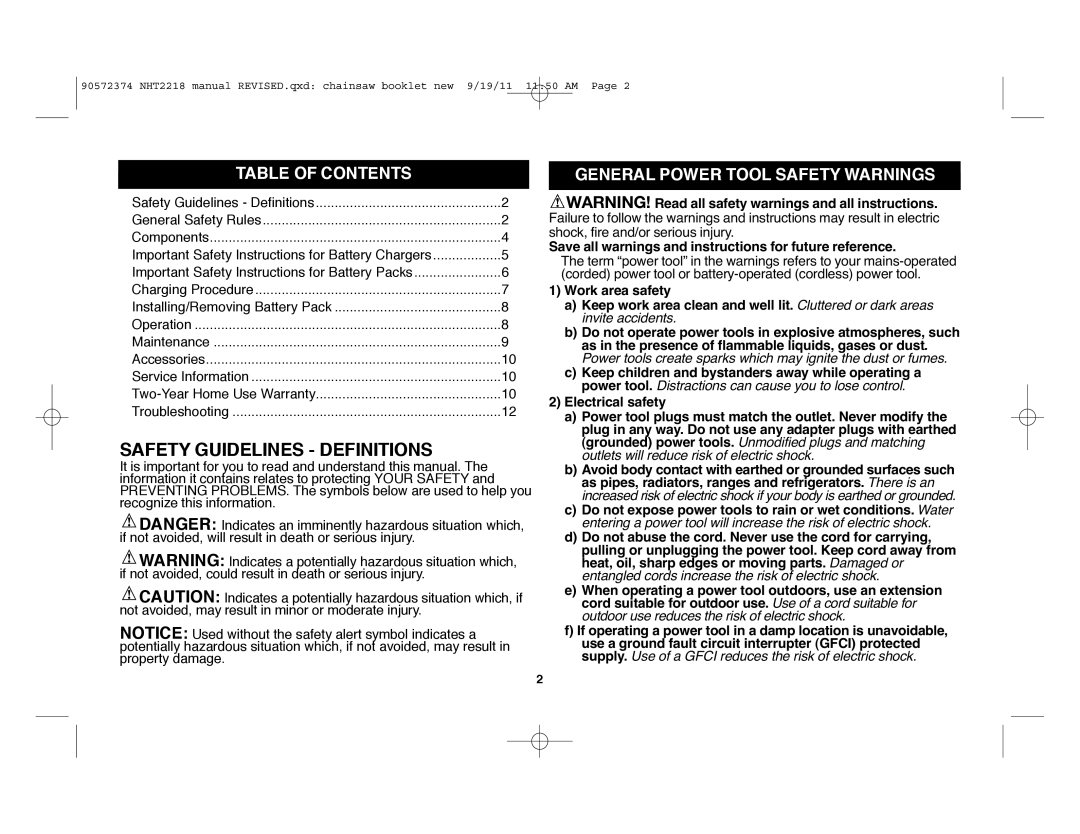 Black & Decker NHT2218 Safety Guidelines - Definitions, Table Of Contents, General Power Tool Safety Warnings 