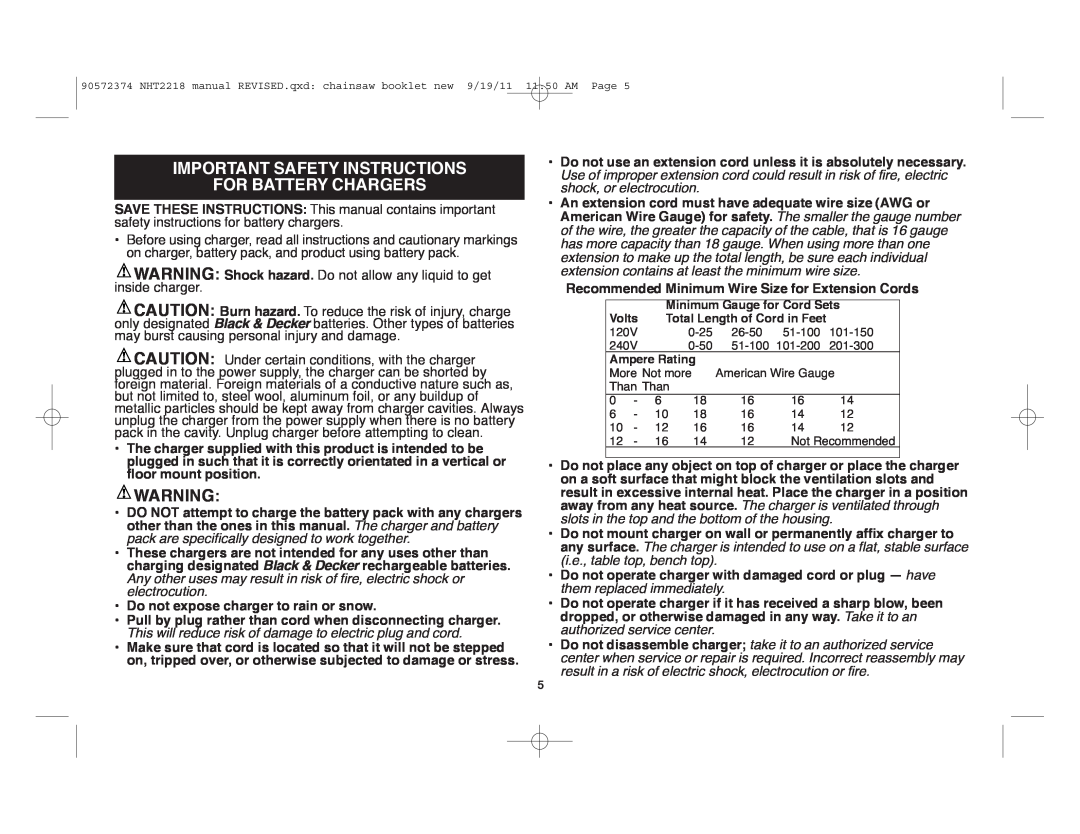 Black & Decker NHT2218 instruction manual Important Safety Instructions For Battery Chargers 