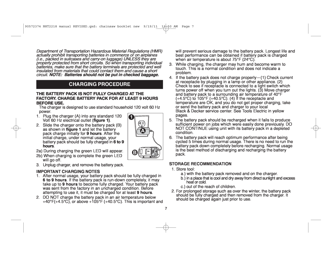 Black & Decker NHT2218 instruction manual Charging Procedure, hours 