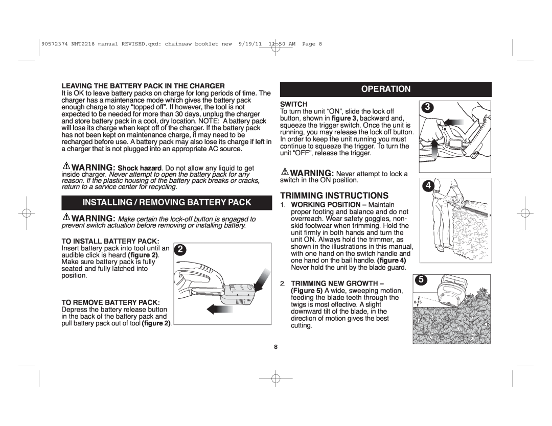 Black & Decker NHT2218 instruction manual Installing / Removing Battery Pack, Operation, Trimming Instructions 