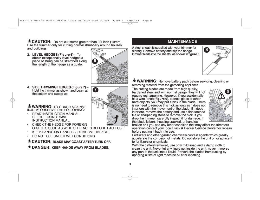 Black & Decker NHT2218 instruction manual Maintenance, LEVEL HEDGES - To, SIDE TRIMMING HEDGES Figure 