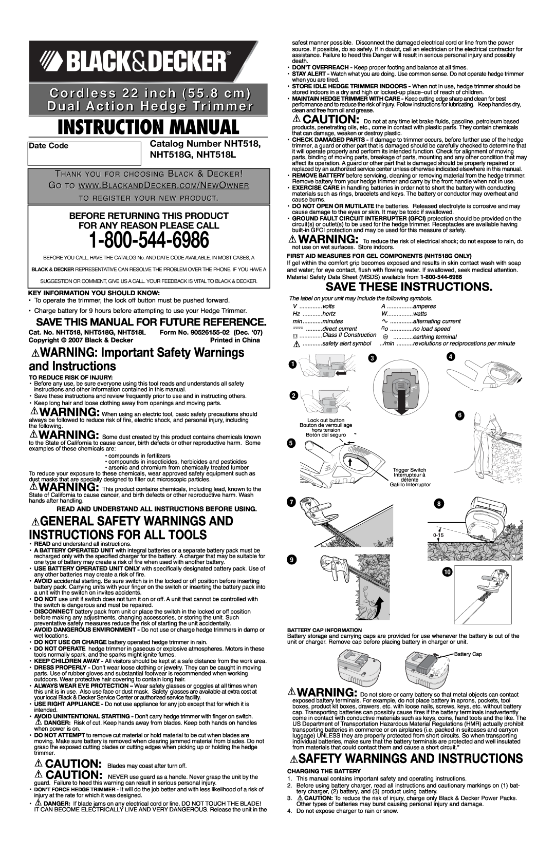 Black & Decker NHT518G instruction manual WARNING Important Safety Warnings and Instructions, Catalog Number NHT518 