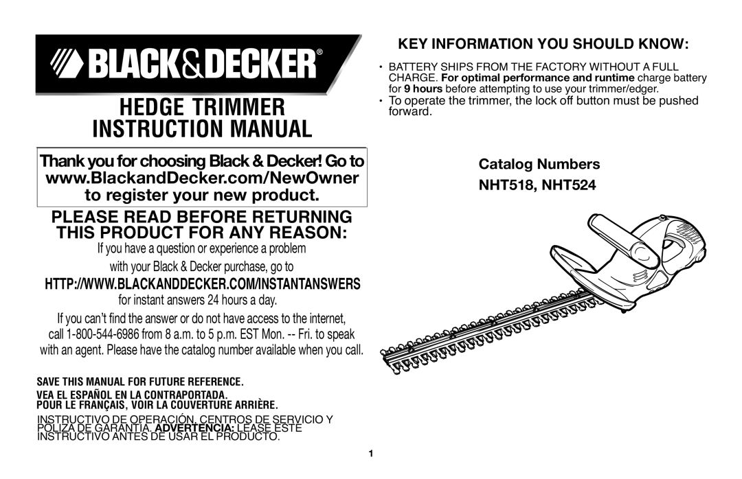 Black & Decker NHT518 instruction manual Hedge Trimmer, CHARGE.charge battery 