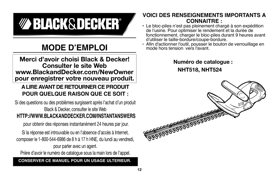 Black & Decker NHT518 instruction manual Mode DʼEMPLOI 