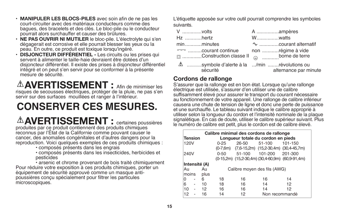 Black & Decker NHT518 Manipuler LES BLOCS-PILESavec soin afin de ne pas les, Mesure de sécurité, Courant alternatif 