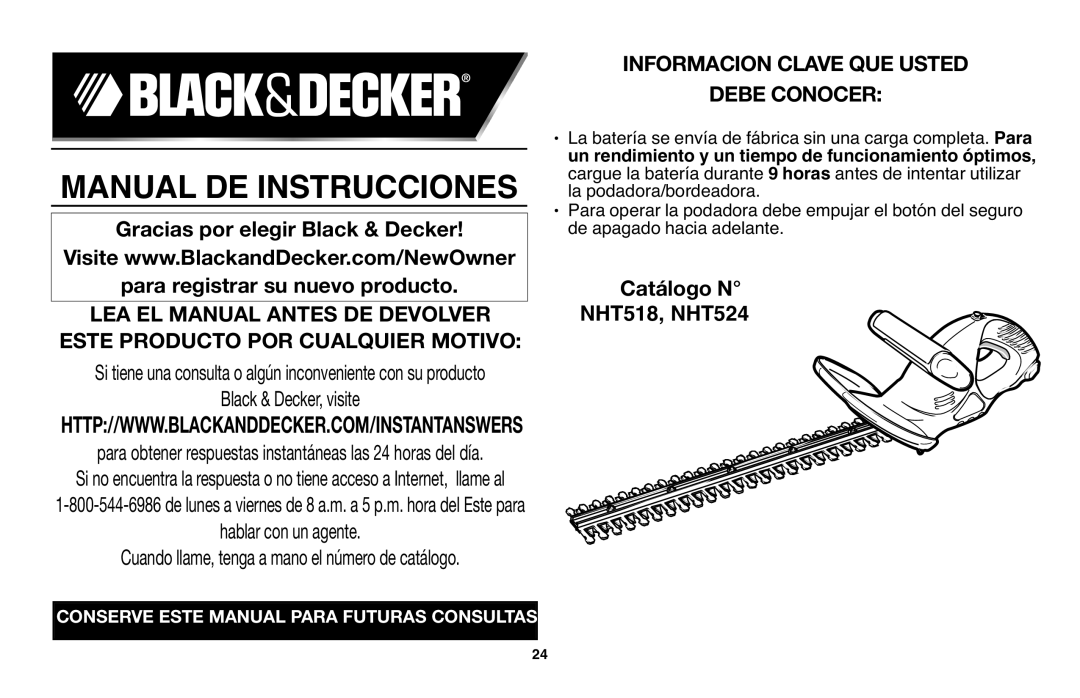 Black & Decker NHT518 instruction manual Manual DE Instrucciones 