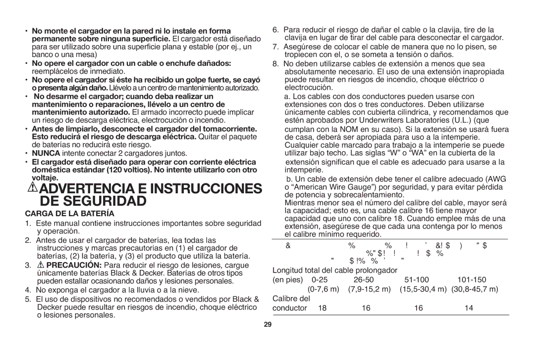 Black & Decker NHT518 Carga DE LA Batería, Tablade Medidasminimas Deconductor Awgpara, Amperios Segun Placa 0 a 