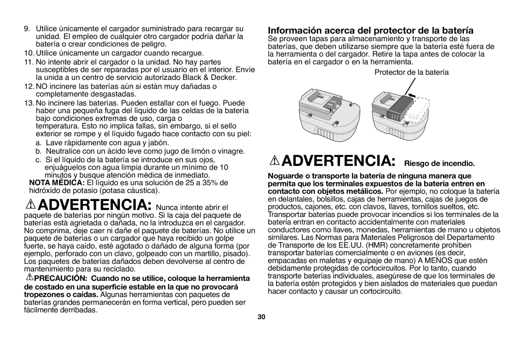 Black & Decker NHT518 Advertencia Riesgo de incendio, Noguarde o transporte la batería de ninguna manera que 