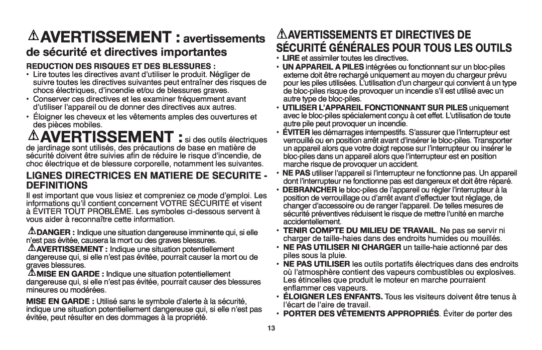 Black & Decker NHT518 Avertissements Et Directives De, de sécurité et directives importantes, Definitions 