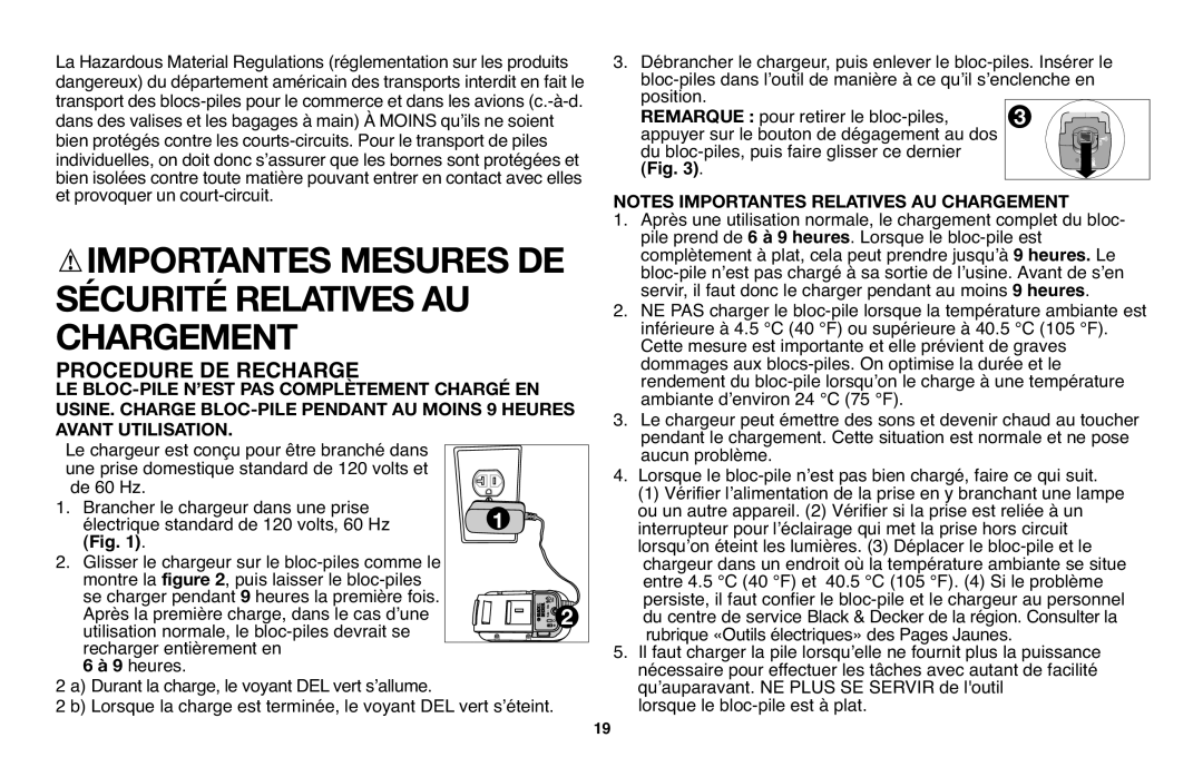 Black & Decker NHT518 Importantes Mesures De Sécuritérelativesau Chargement, Procedure De Recharge, Avant Utilisation 