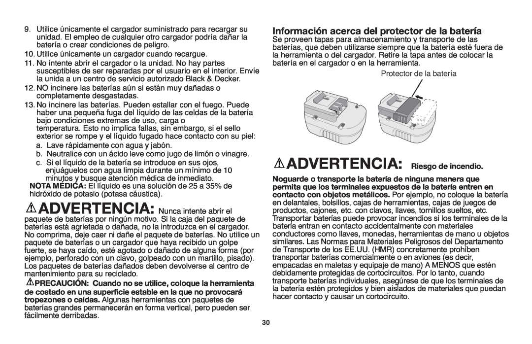 Black & Decker NHT518 instruction manual Información acerca del protector de la batería, ADVERTENCIA Riesgo de incendio 