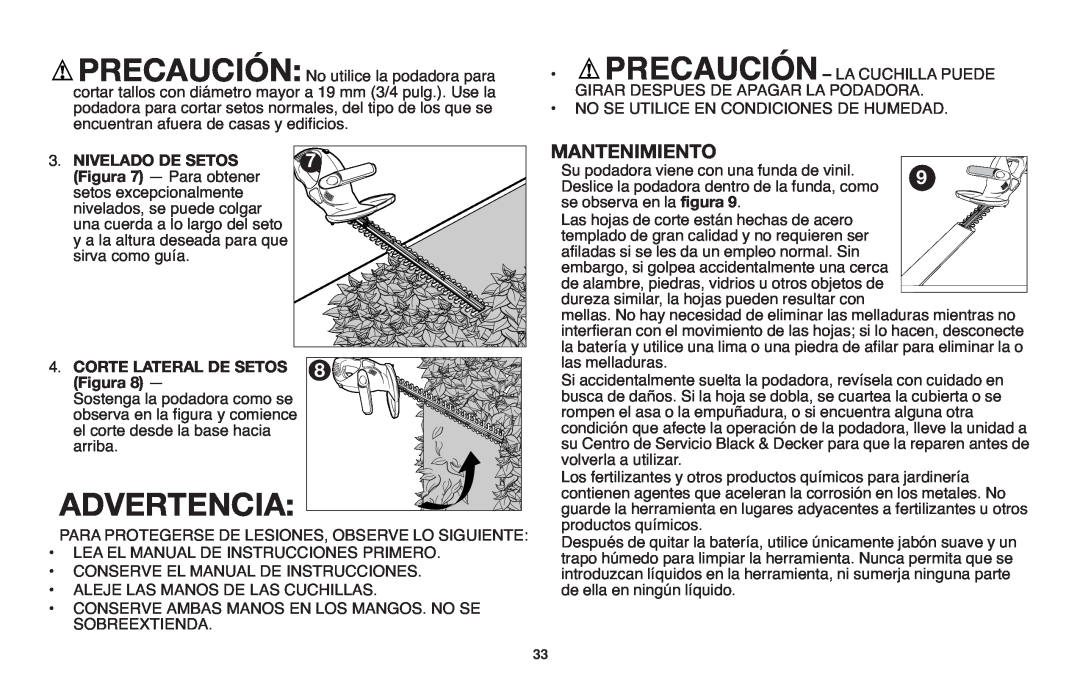 Black & Decker NHT518 instruction manual Mantenimiento, Advertencia, Corte Lateral De Setos, Figura 