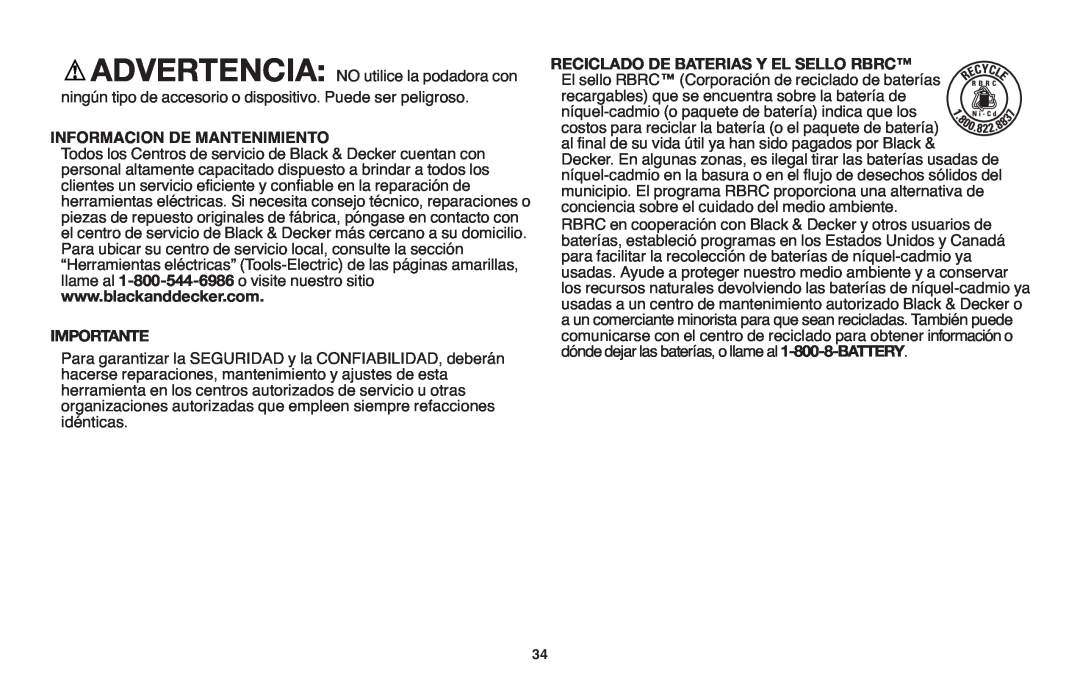 Black & Decker NHT518 instruction manual Informacion De Mantenimiento 