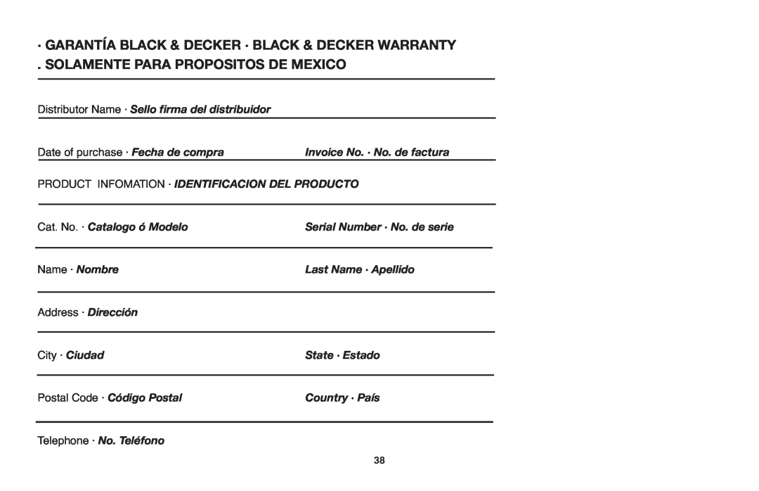 Black & Decker NHT518 · Garantía Black & Decker · Black & Decker Warranty, Solamente Para Propositos De Mexico 