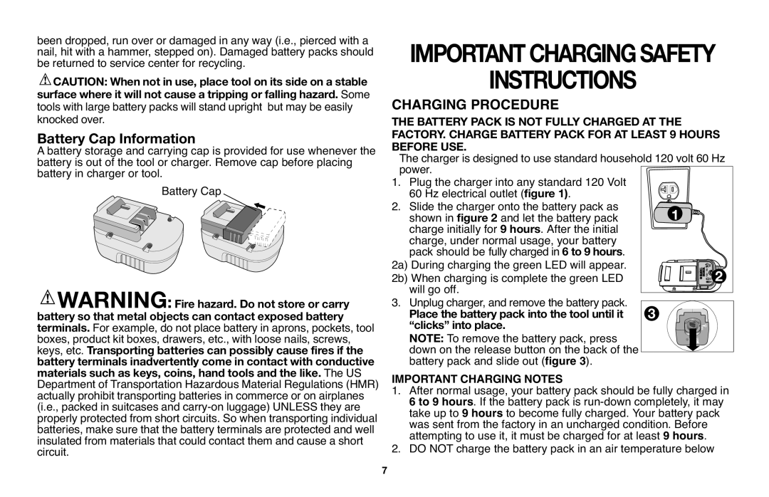 Black & Decker NHT518 Charging Procedure, Instructions, Importantchargingsafety, Before Use, “clicks” into place 
