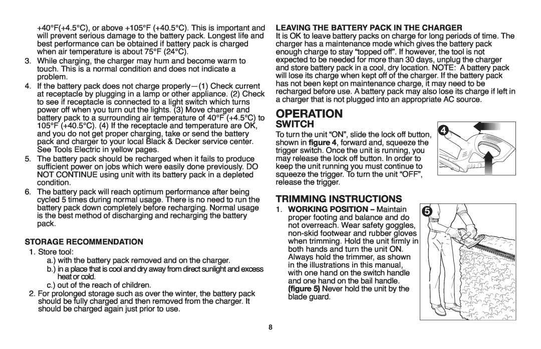 Black & Decker NHT518 instruction manual Operation, Leaving The Batterypack In The Charger, Storage Recommendation 