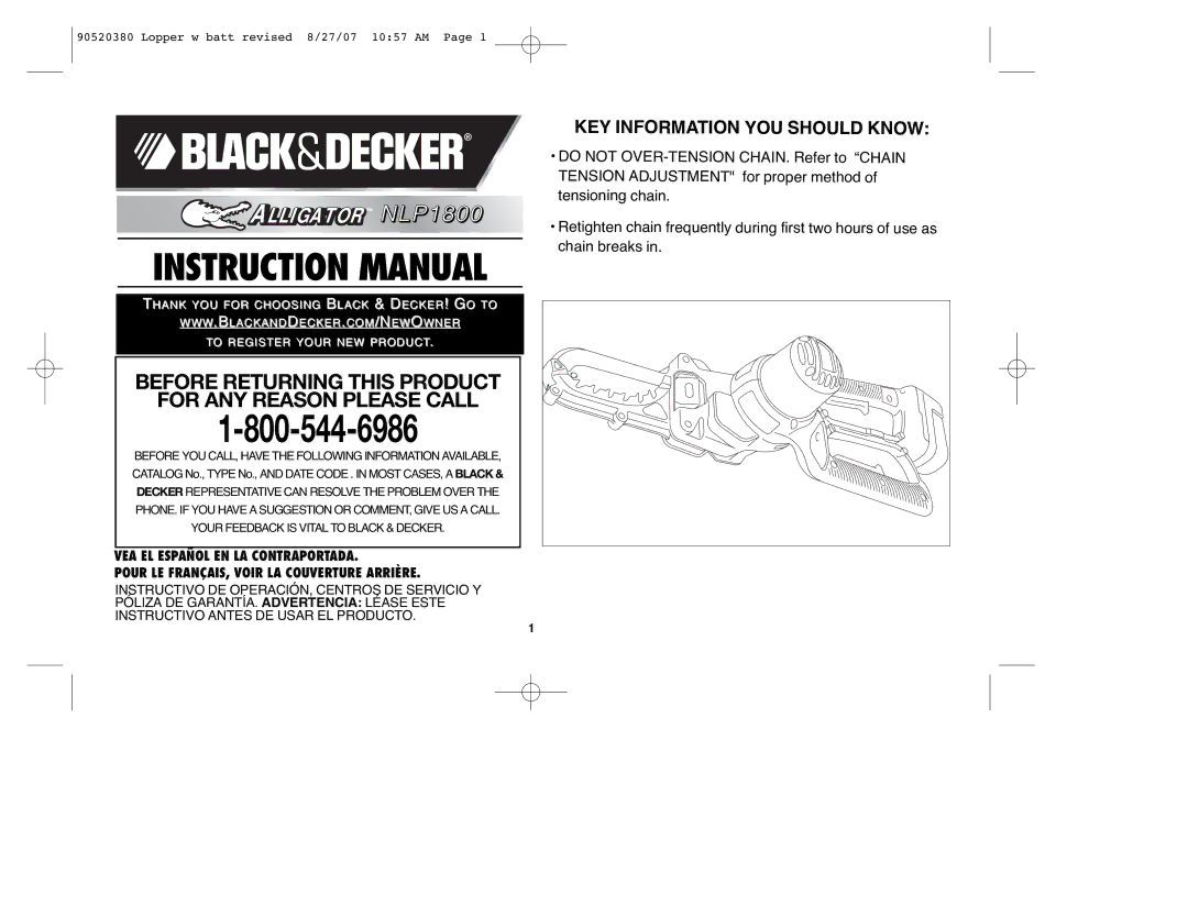 Black & Decker 90520380, NLP1800 instruction manual Before Returning this Product For ANY Reason Please Call 