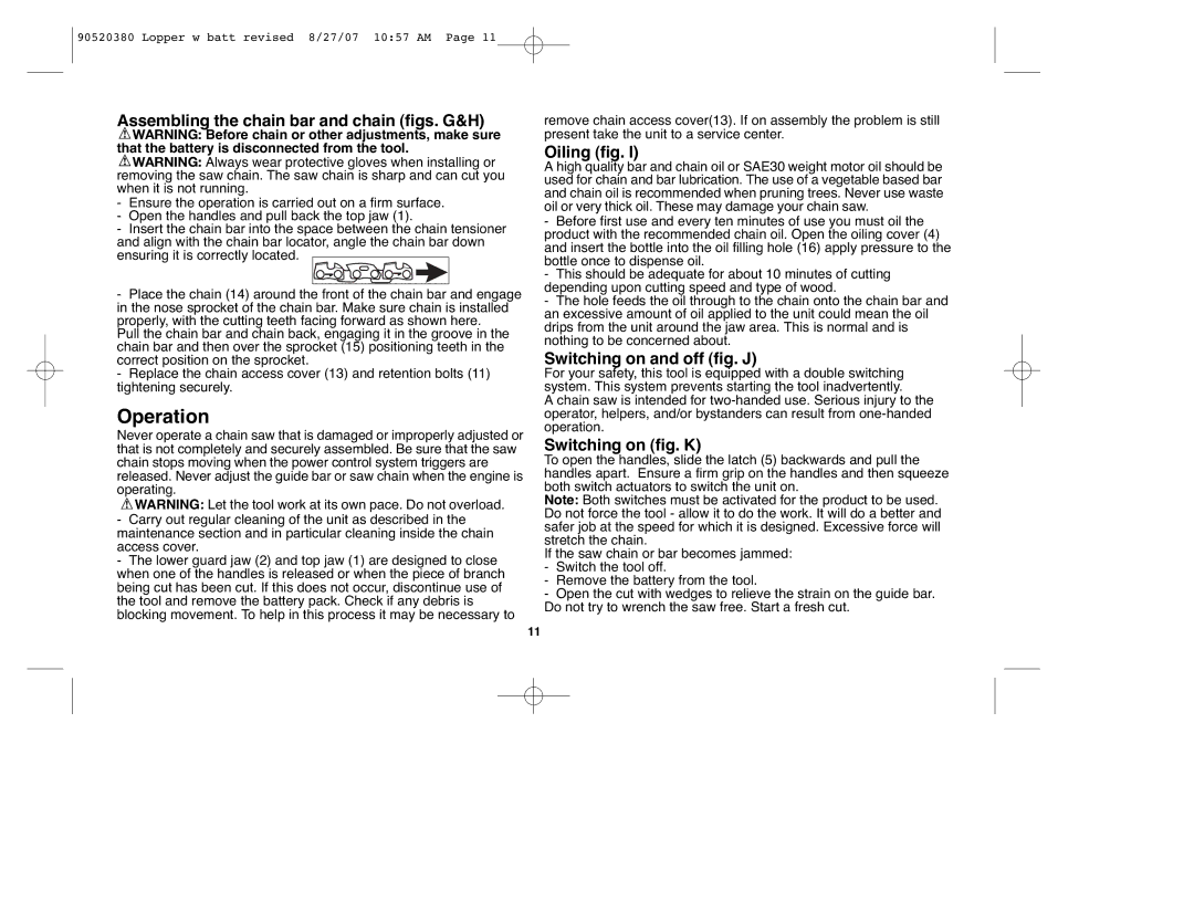 Black & Decker 90520380 Operation, Assembling the chain bar and chain figs. G&H, Oiling fig, Switching on and off fig. J 