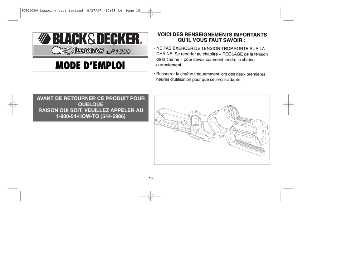 Black & Decker 90520380, NLP1800 instruction manual Mode D’EMPLOI 