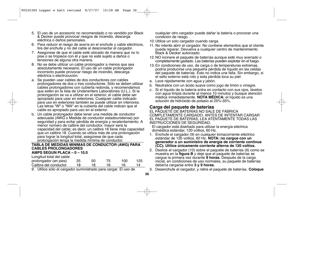 Black & Decker NLP1800, 90520380 instruction manual Carga del paquete de baterías 