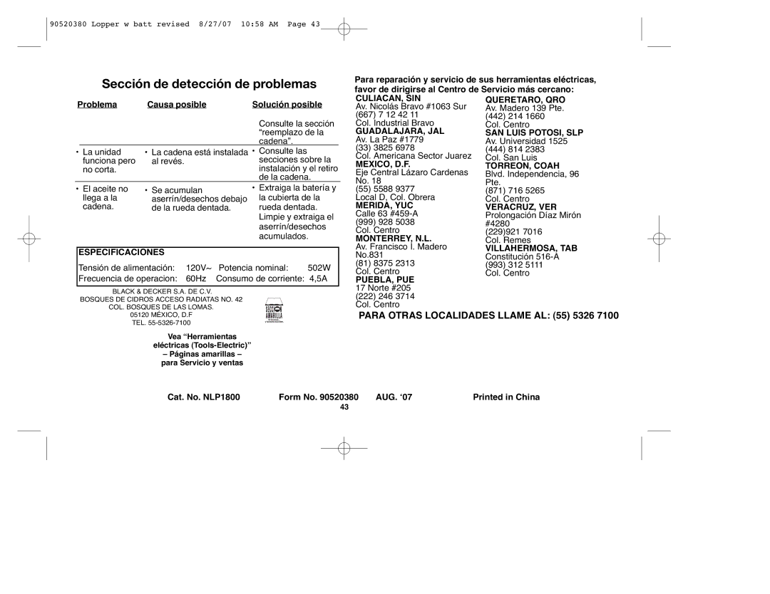 Black & Decker 90520380 instruction manual Especificaciones, Cat. No. NLP1800 Form No AUG. ‘07 