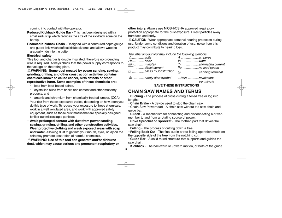 Black & Decker 90520380, NLP1800 instruction manual Chain SAW Names and Terms, Electrical safety 