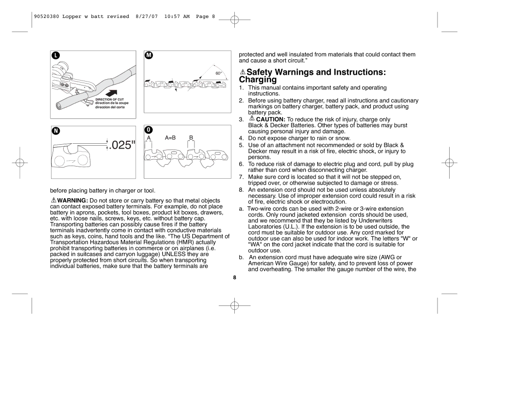 Black & Decker NLP1800, 90520380 instruction manual 025, Safety Warnings and Instructions Charging 