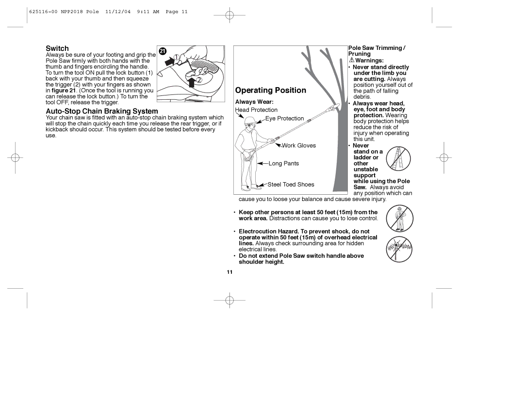 Black & Decker NPP2018R instruction manual Switch, Auto-Stop Chain Braking System 