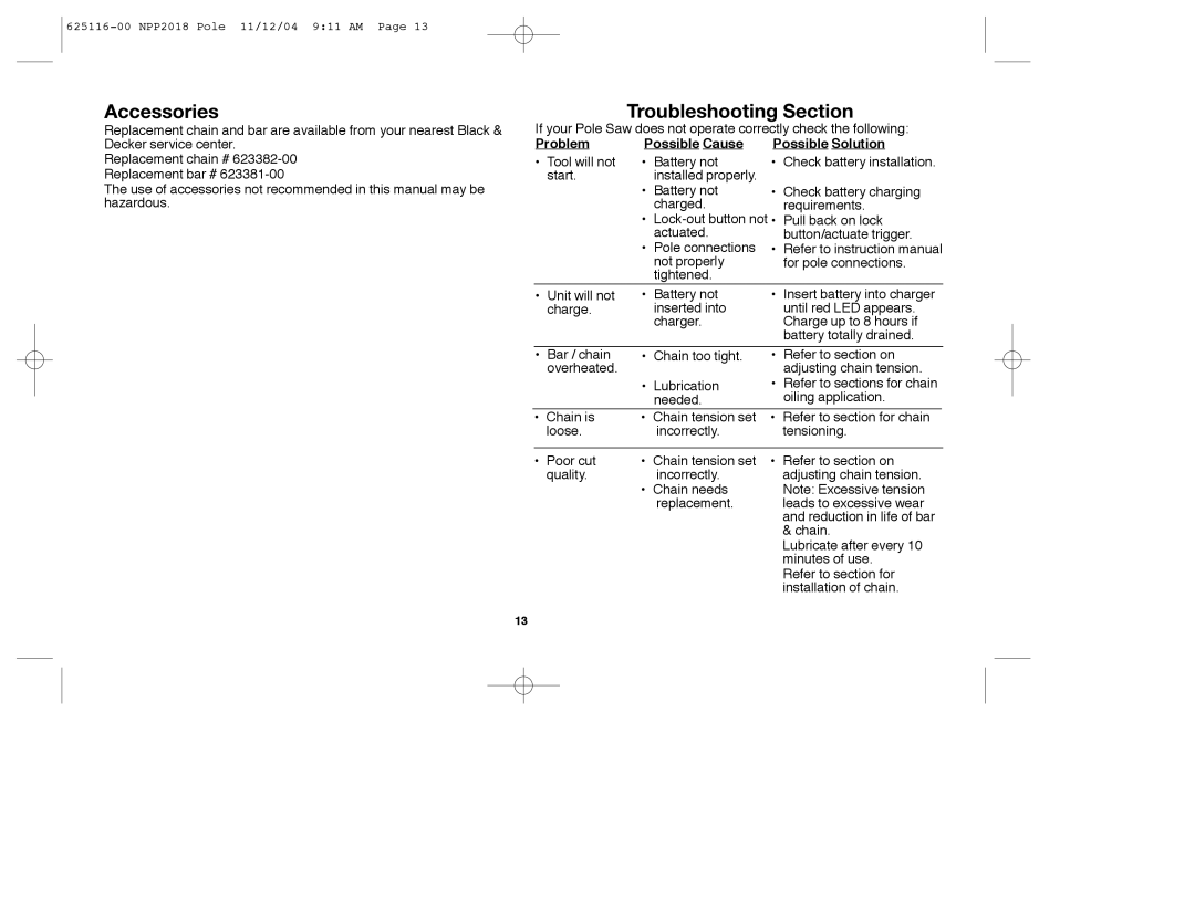 Black & Decker NPP2018R instruction manual Accessories, Troubleshooting Section, Problem Possible Cause Possible Solution 