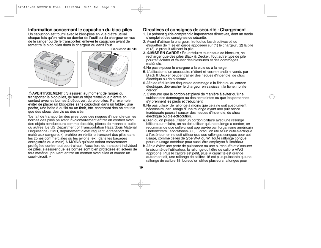 Black & Decker NPP2018R Information concernant le capuchon du bloc-piles, Directives et consignes de sécurité Chargement 