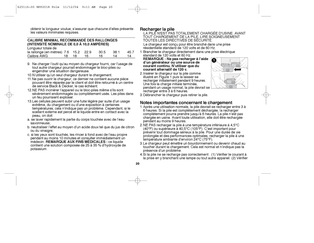 Black & Decker NPP2018R instruction manual Recharger la pile, Longueur totale de La rallonge en mètres, 45.7 