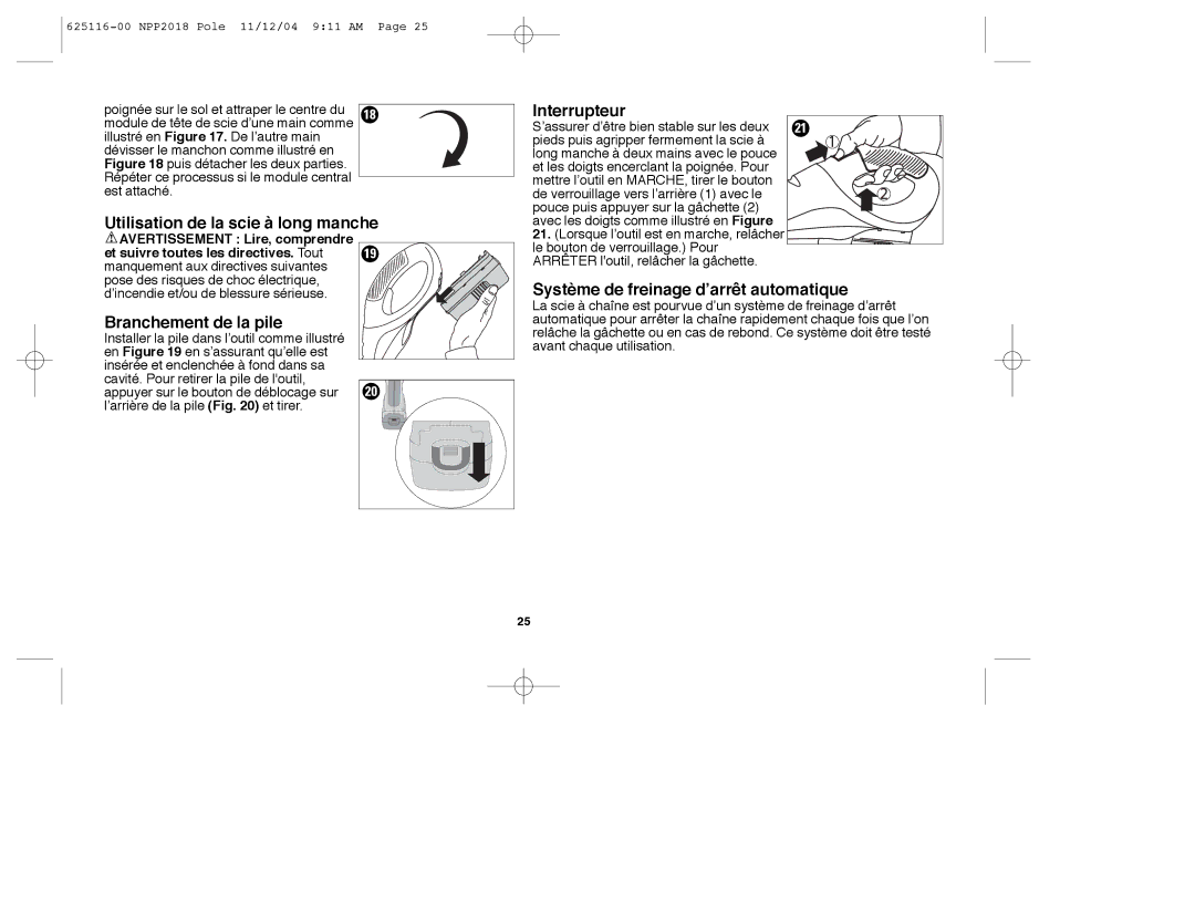 Black & Decker NPP2018R instruction manual Utilisation de la scie à long manche, Branchement de la pile, Interrupteur 