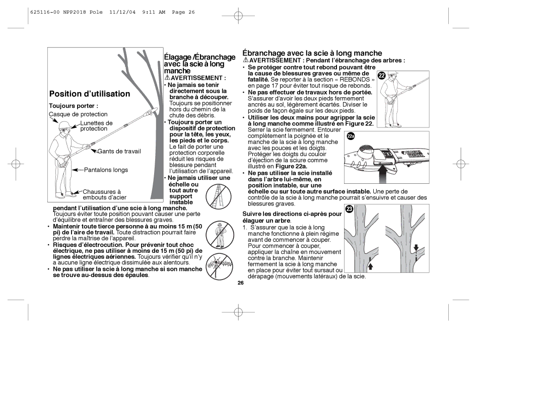 Black & Decker NPP2018R instruction manual Avec la scie à long, Manche, Ébranchage avec la scie à long manche 