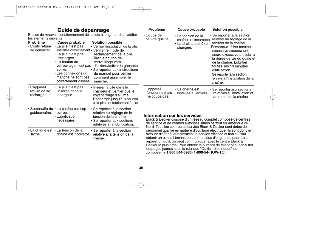 Black & Decker NPP2018R Guide de dépannage, Information sur les services, Cause probable Solution possible 