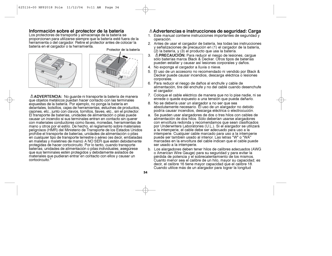 Black & Decker NPP2018 Información sobre el protector de la batería, Advertencias e instrucciones de seguridad Carga 