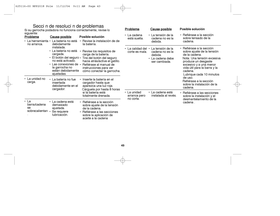 Black & Decker NPP2018R instruction manual Sección de resolución de problemas, Problema Causa posible Posible solución 