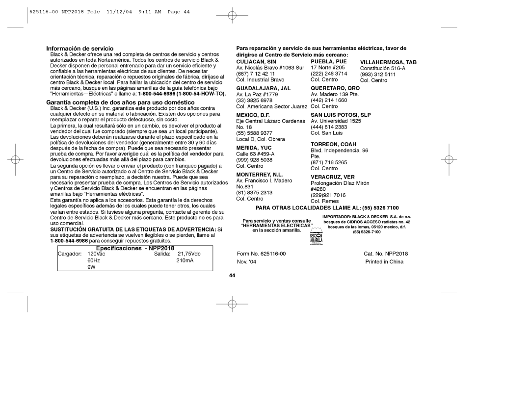 Black & Decker NPP2018R instruction manual Información de servicio, Epecificaciones NPP2018 