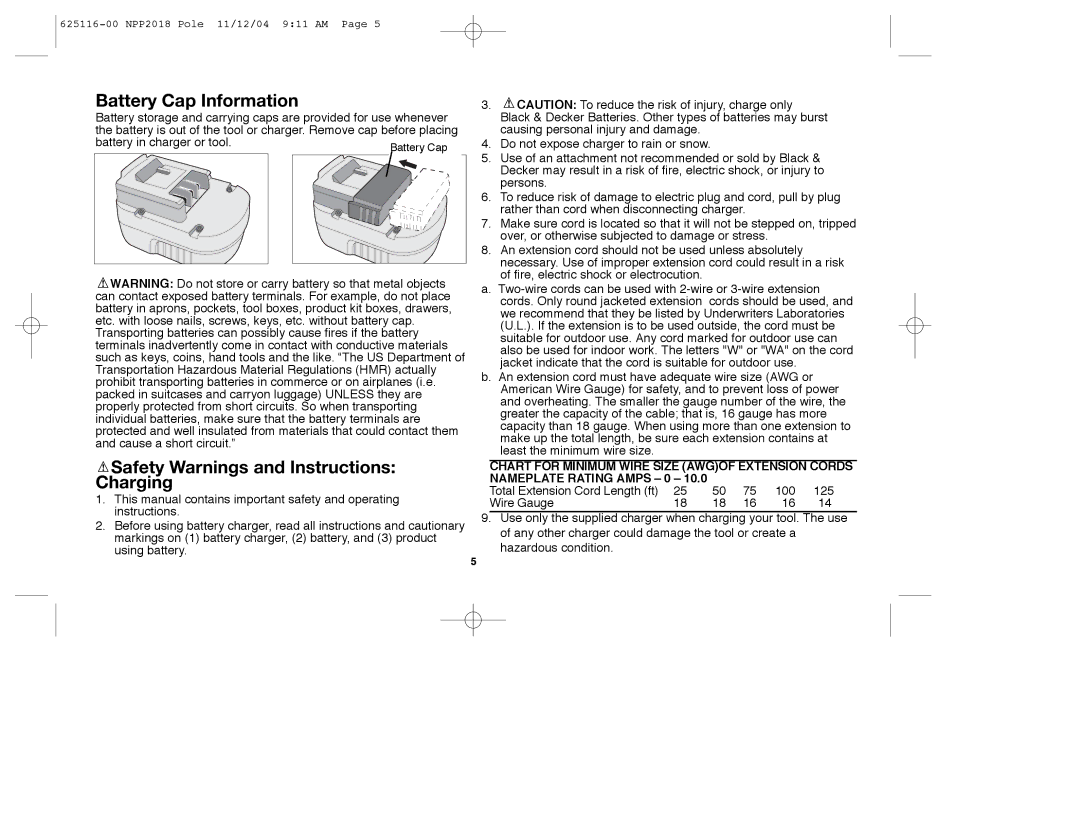 Black & Decker NPP2018R instruction manual Battery Cap Information, Safety Warnings and Instructions Charging 