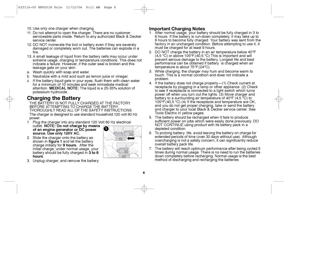 Black & Decker NPP2018R instruction manual Charging the Battery, Important Charging Notes 