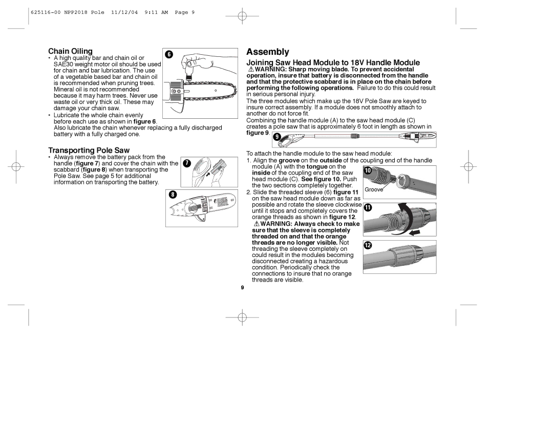 Black & Decker NPP2018R Chain Oiling, Transporting Pole Saw, Joining Saw Head Module to 18V Handle Module 