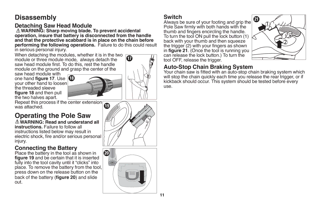 Black & Decker NPP2018 Detaching Saw Head Module, Connecting the Battery, Switch, Auto-Stop Chain Braking System 