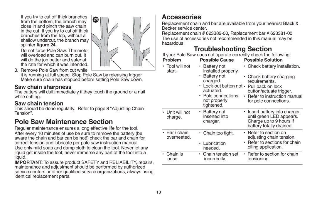 Black & Decker NPP2018 instruction manual Accessories, Troubleshooting Section, Saw chain sharpness, Saw chain tension 