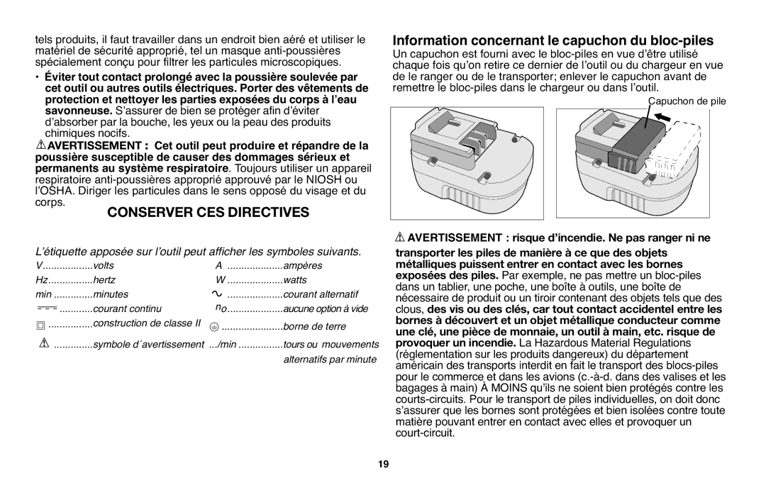 Black & Decker NPP2018 instruction manual Avertissement risque d’incendie. Ne pas ranger ni ne 