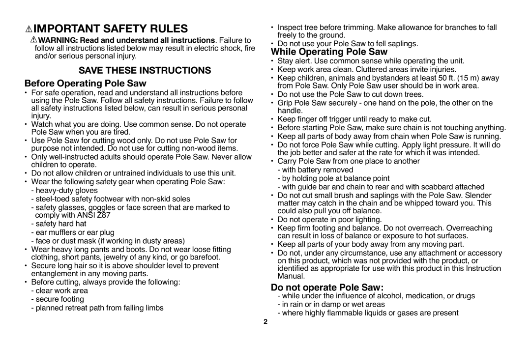 Black & Decker NPP2018 instruction manual Do not operate Pole Saw 