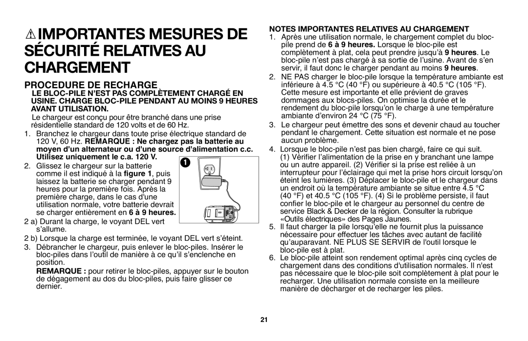 Black & Decker NPP2018 Le chargeur est conçu pour être branché dans une prise, Utilisez uniquement le c.a 